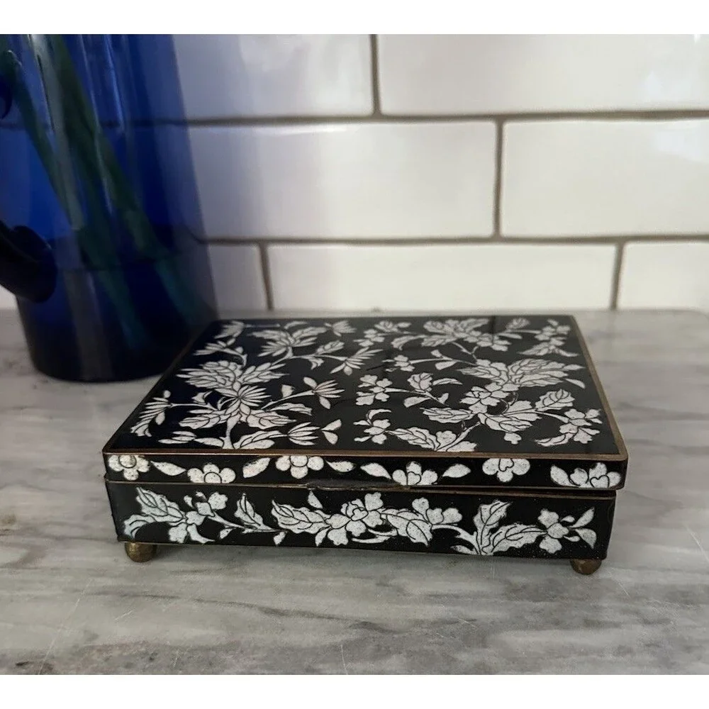Early 20th Century Chinese Floral Cloisonné Cloisonne Black Box Brass Enamel